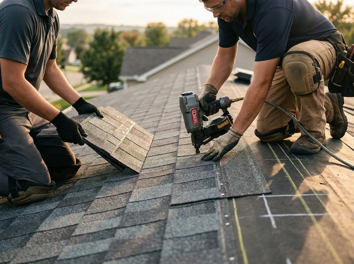 Professional roofer working on a residential roof in Worthington